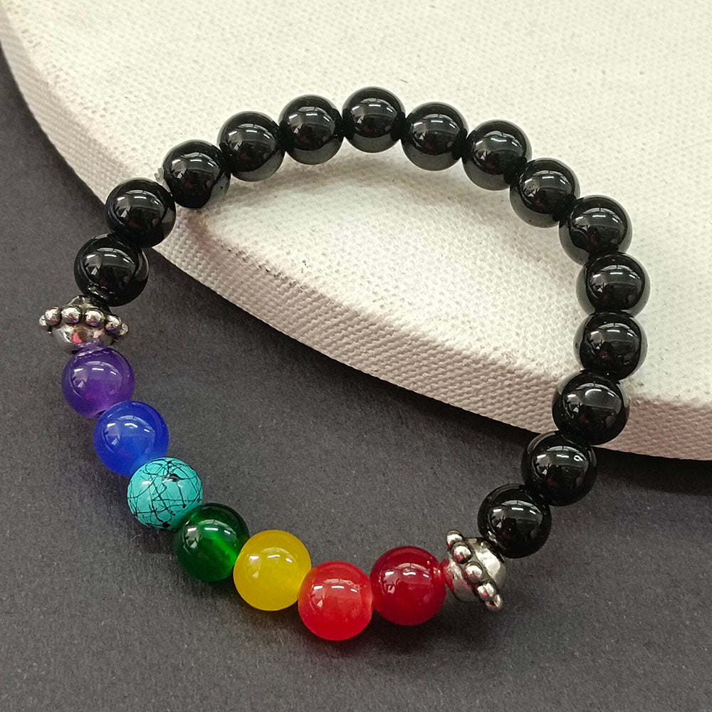 Etnico 7 Chakra Beaded Bracelet for Men & Women | Black Onyx Style Beads with Multi-Color Chakra Stones | Adjustable Stretch Bracelet | Symbol of Balance, Positivity & Mindfulness (MJB007)