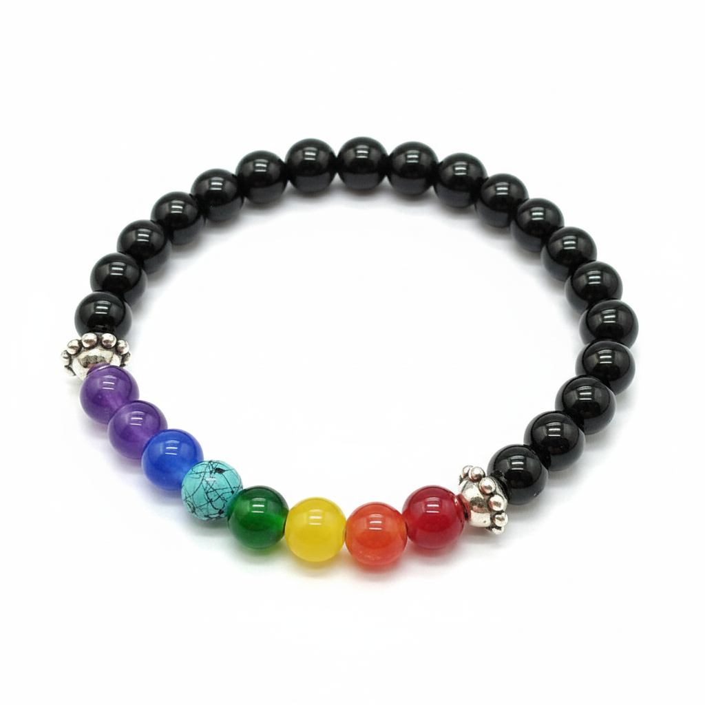 Etnico 7 Chakra Beaded Bracelet for Men & Women | Black Onyx Style Beads with Multi-Color Chakra Stones | Adjustable Stretch Bracelet | Symbol of Balance, Positivity & Mindfulness (MJB007)