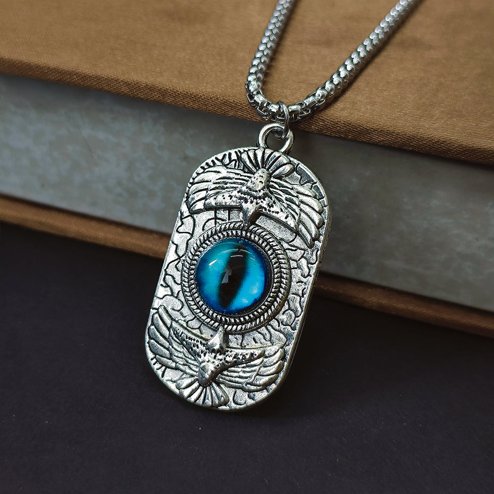 Etnico Silver Plated Pendant Necklace with Blue Cabochon & Bird Motif Detailing (MJN002S)