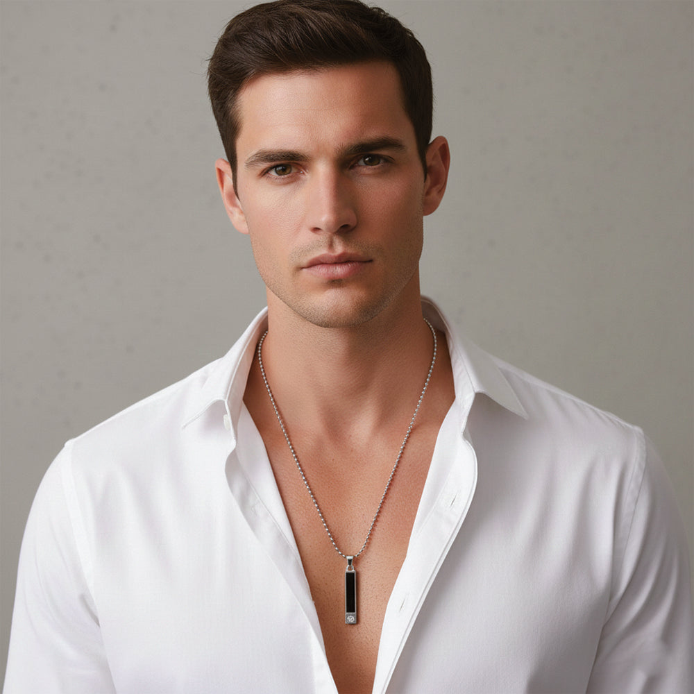 Etnico Silver?Tone Rectangular Bar Pendant Necklace with Black Center Detailing (MJN004S)