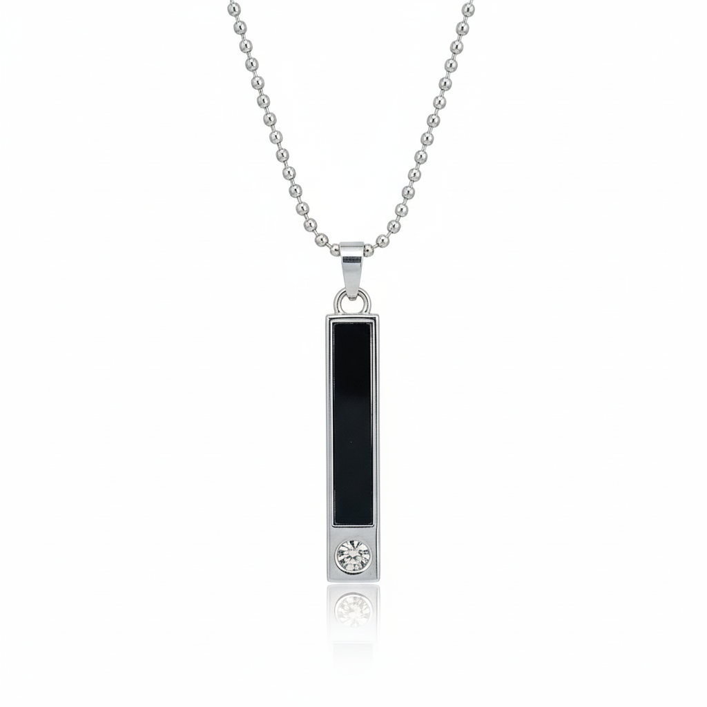 Etnico Silver?Tone Rectangular Bar Pendant Necklace with Black Center Detailing (MJN004S)