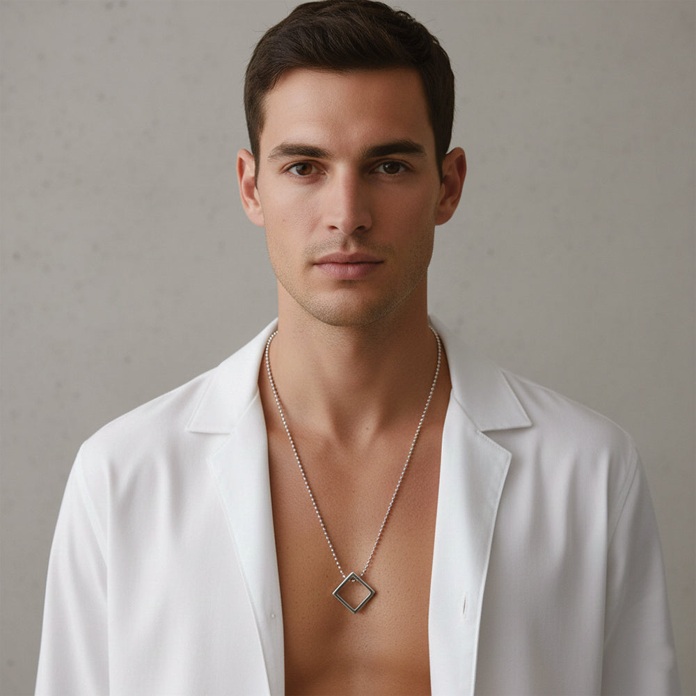 Etnico Silver?Tone Square Pendant Necklace with Minimalist Design (MJN005S)