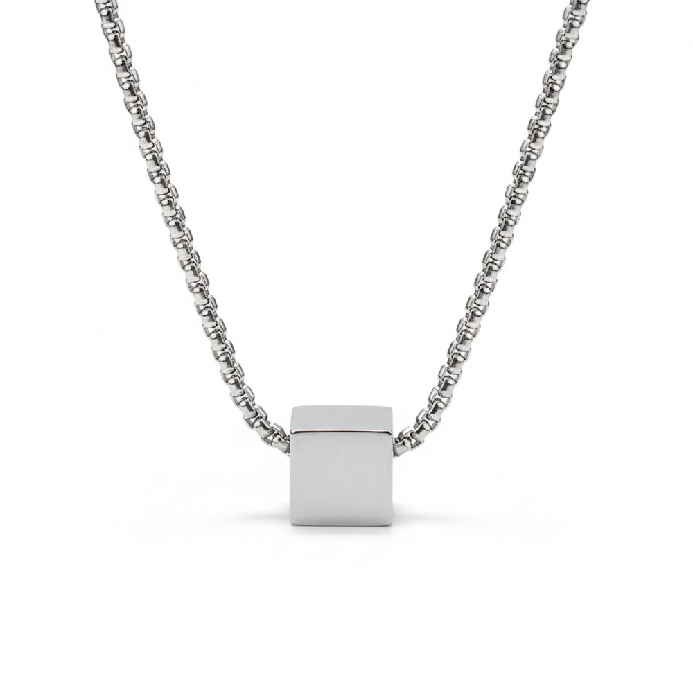 Etnico Silver?Tone Cube Pendant Necklace with Geometric Design & Link Chain (MJN006S)