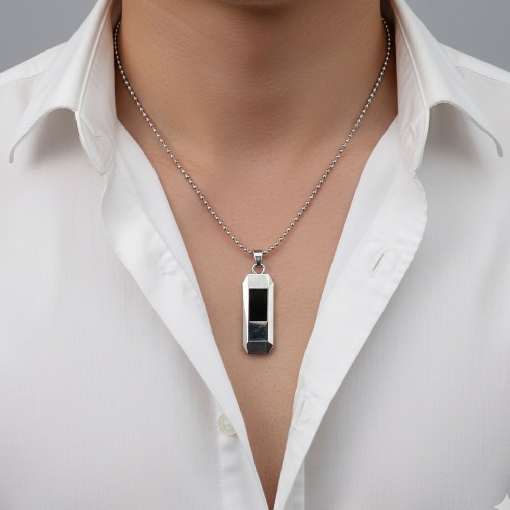 Etnico Silver?Tone Hexagonal Pendant Necklace with Black Inlay & Ball Chain (MJN011S)