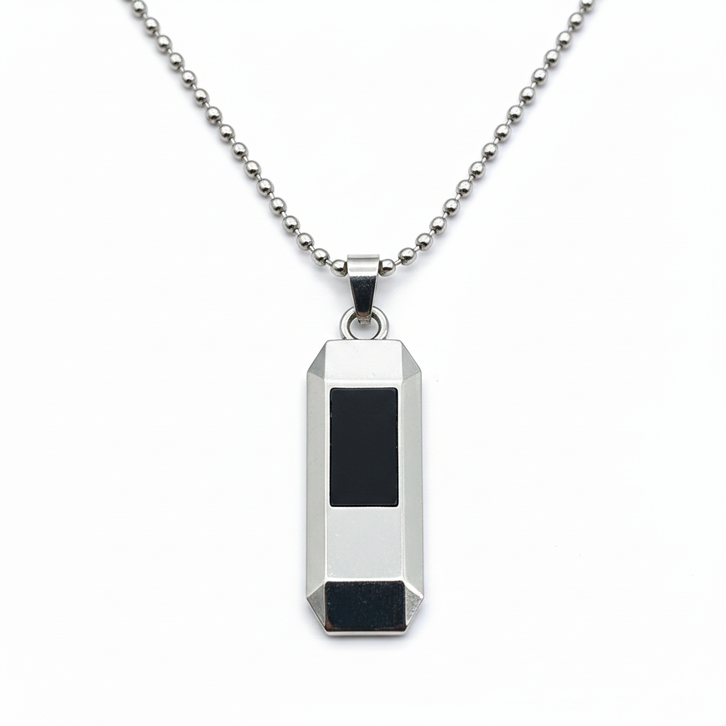 Etnico Silver?Tone Hexagonal Pendant Necklace with Black Inlay & Ball Chain (MJN011S)