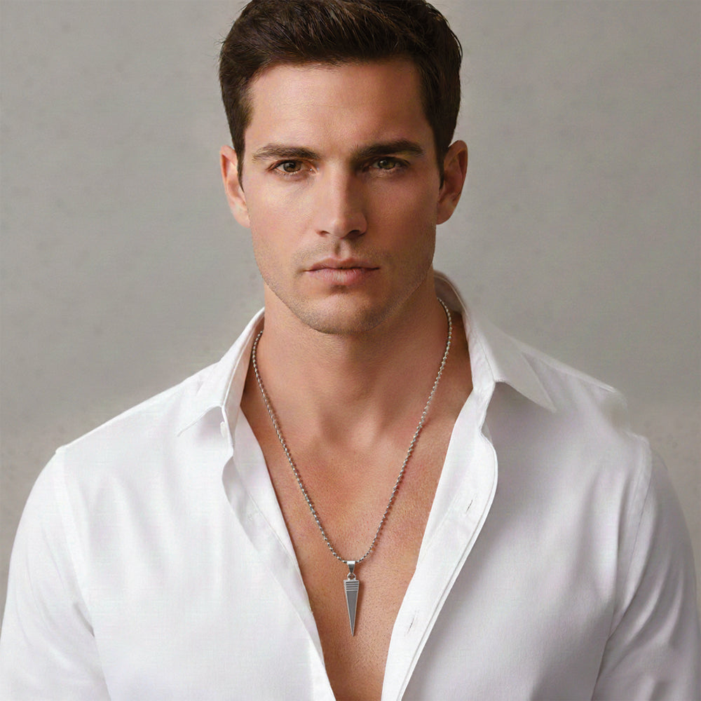 Etnico Silver?Tone Triangular Pendant Necklace with Engraved Line Detailing & Ball Chain (MJN012S)