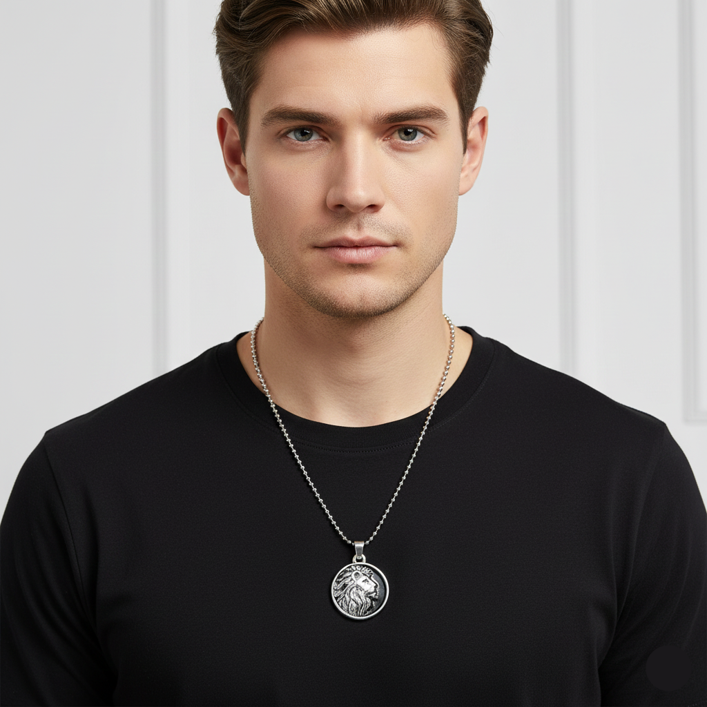 Etnico Silver?Tone Lion Head Pendant Necklace with Embossed Detailing & Ball Chain (MJN013S)