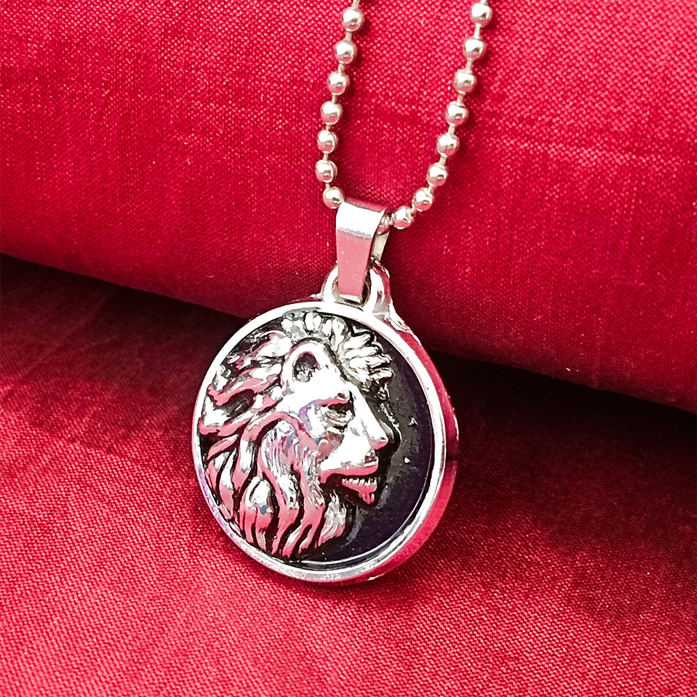 Etnico Silver?Tone Lion Head Pendant Necklace with Embossed Detailing & Ball Chain (MJN013S)