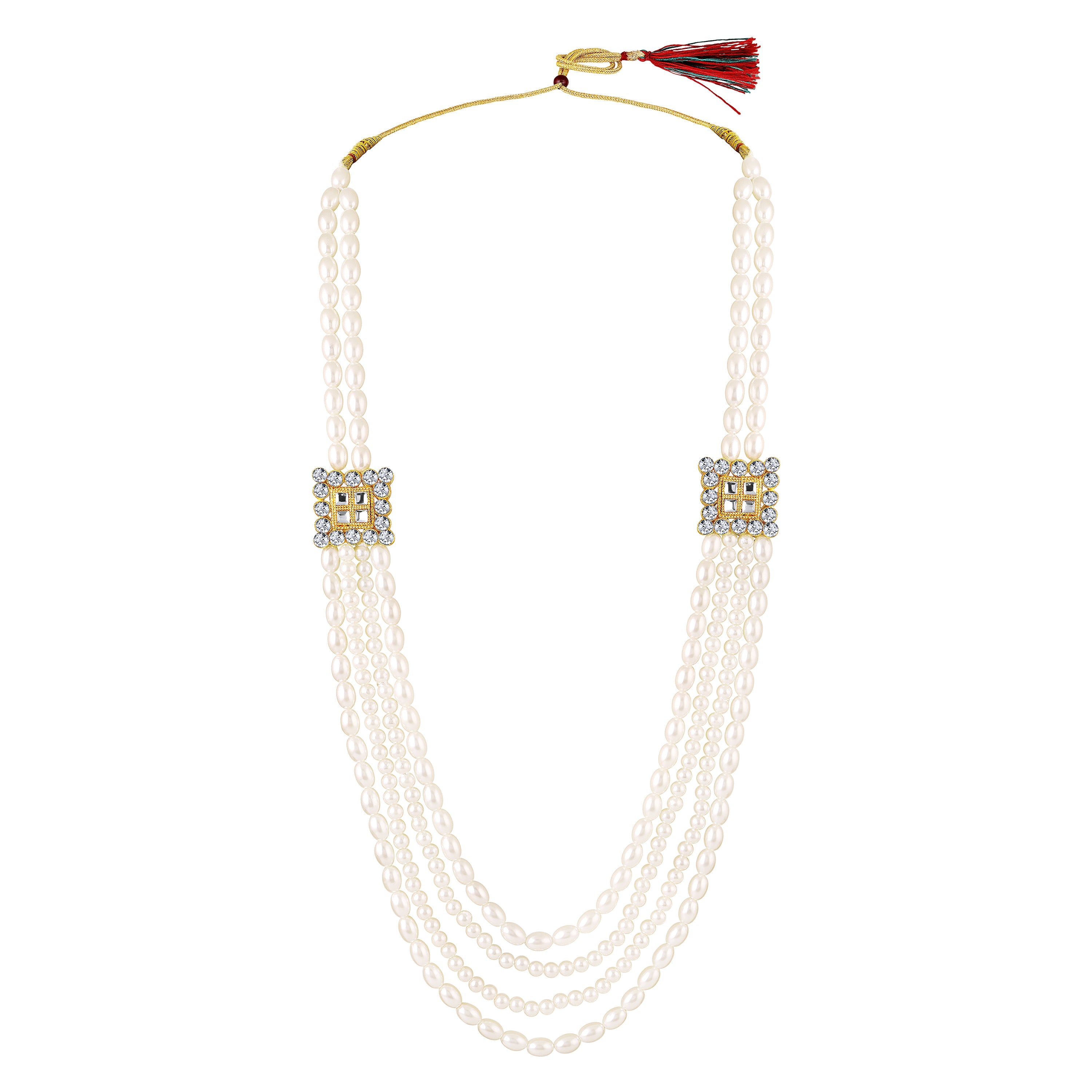 Mahi Elegant 4-Layer Dulha Mala for Groom with White Artificial Pearls & Crystals Traditional Wedding Necklace for Men | Sherwani Mala Jewelry (ML1103873GWhi)