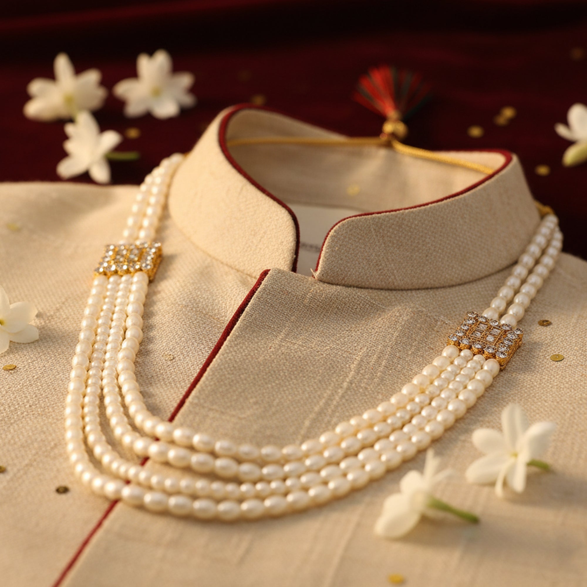 Mahi Elegant 4-Layer Dulha Mala for Groom with White Artificial Pearls & Crystals Traditional Wedding Necklace for Men | Sherwani Mala Jewelry (ML1103873GWhi)