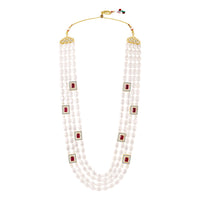 Mahi Royal Multi-Layered Artificial Pearls Crystals Dulha Mala for Groom Traditional Wedding Jewelry with Red Stone Detailing | Ethnic Maharaja Haar for Men (ML1103874G)