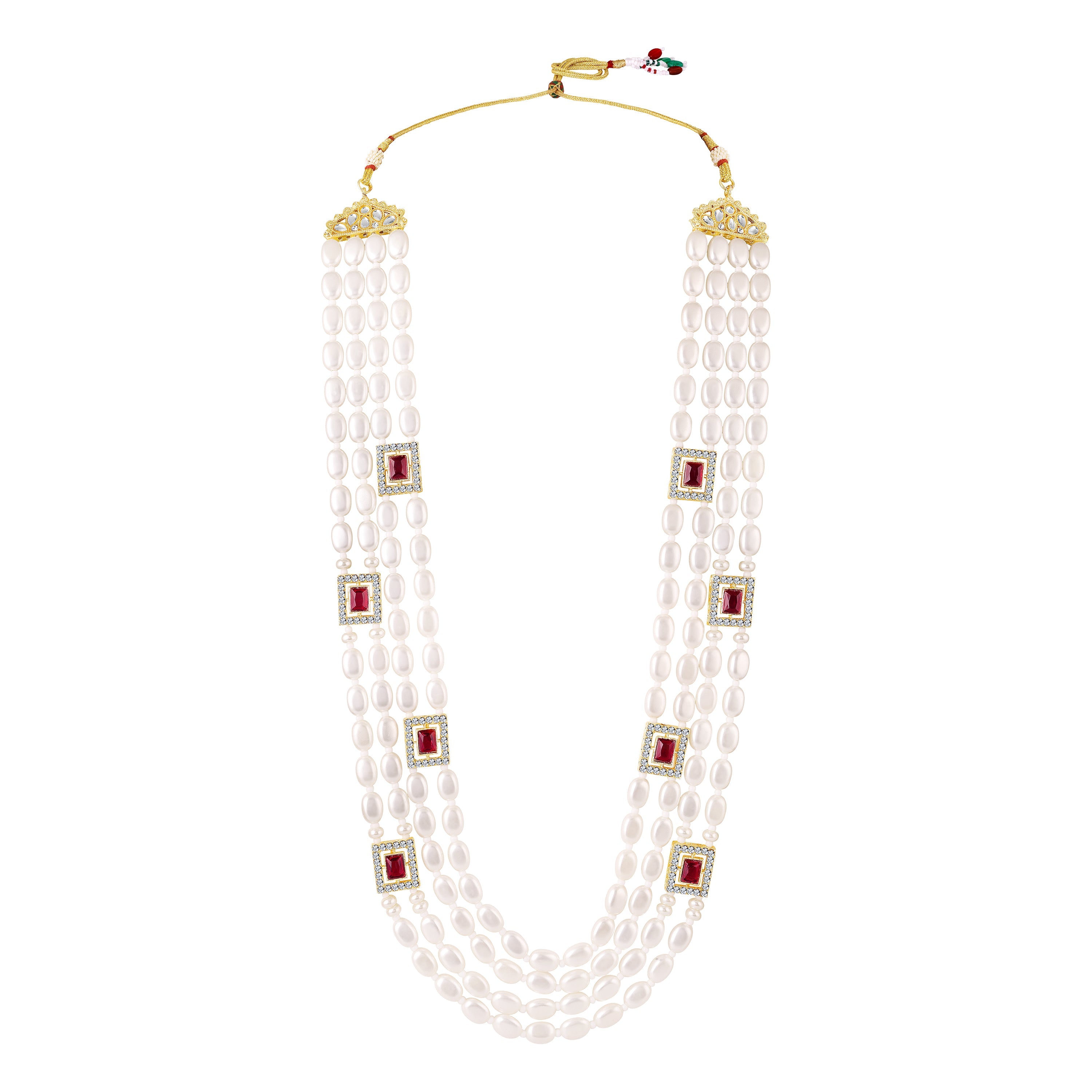 Mahi Royal Multi-Layered Artificial Pearls Crystals Dulha Mala for Groom Traditional Wedding Jewelry with Red Stone Detailing | Ethnic Maharaja Haar for Men (ML1103874G)