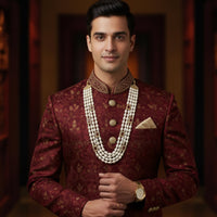 Mahi Royal Multi-Layered Artificial Pearls Crystals Dulha Mala for Groom Traditional Wedding Jewelry with Red Stone Detailing | Ethnic Maharaja Haar for Men (ML1103874G)