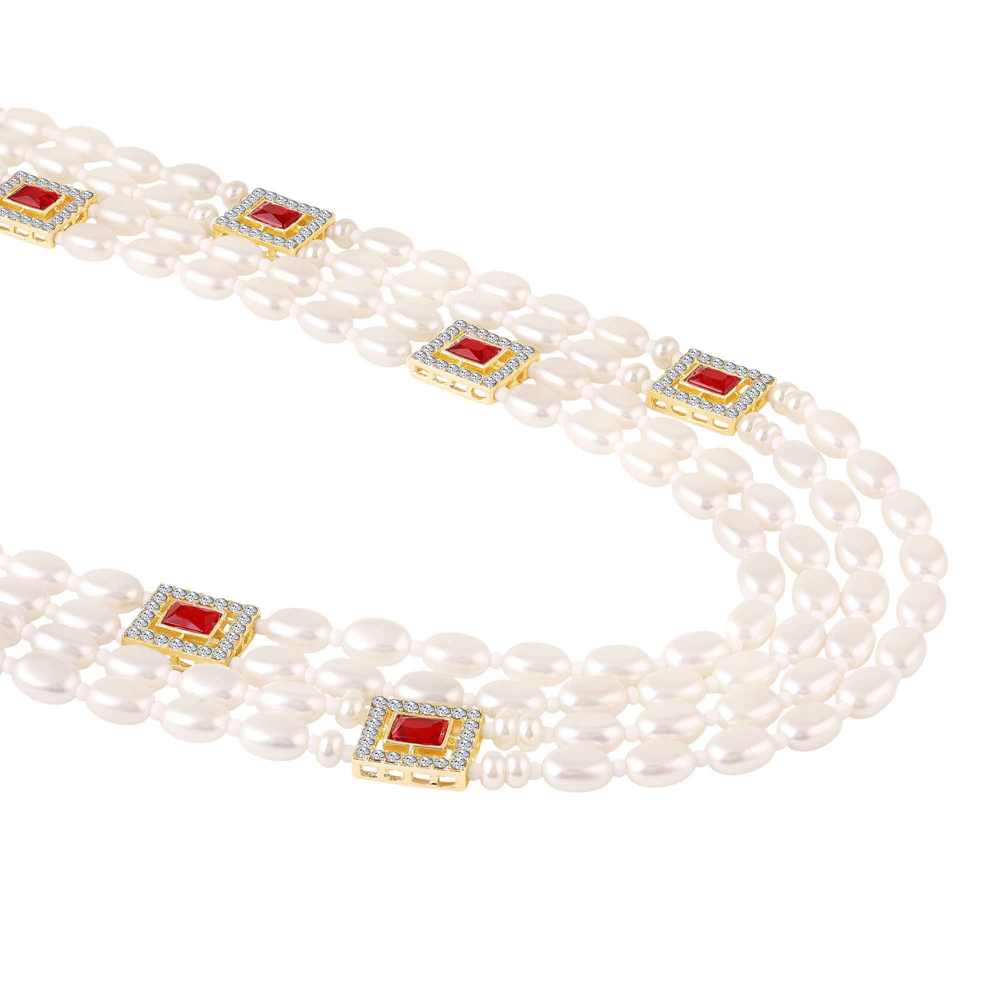 Mahi Royal Multi-Layered Artificial Pearls Crystals Dulha Mala for Groom Traditional Wedding Jewelry with Red Stone Detailing | Ethnic Maharaja Haar for Men (ML1103874G)