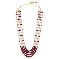 Mahi Multi-Layer Artificial Pearl & Maroon Beads Necklace | Wedding Sherwani Jewellery for Men | Ethnic Dulha Haar for Marriage Ceremony (ML1103875G)