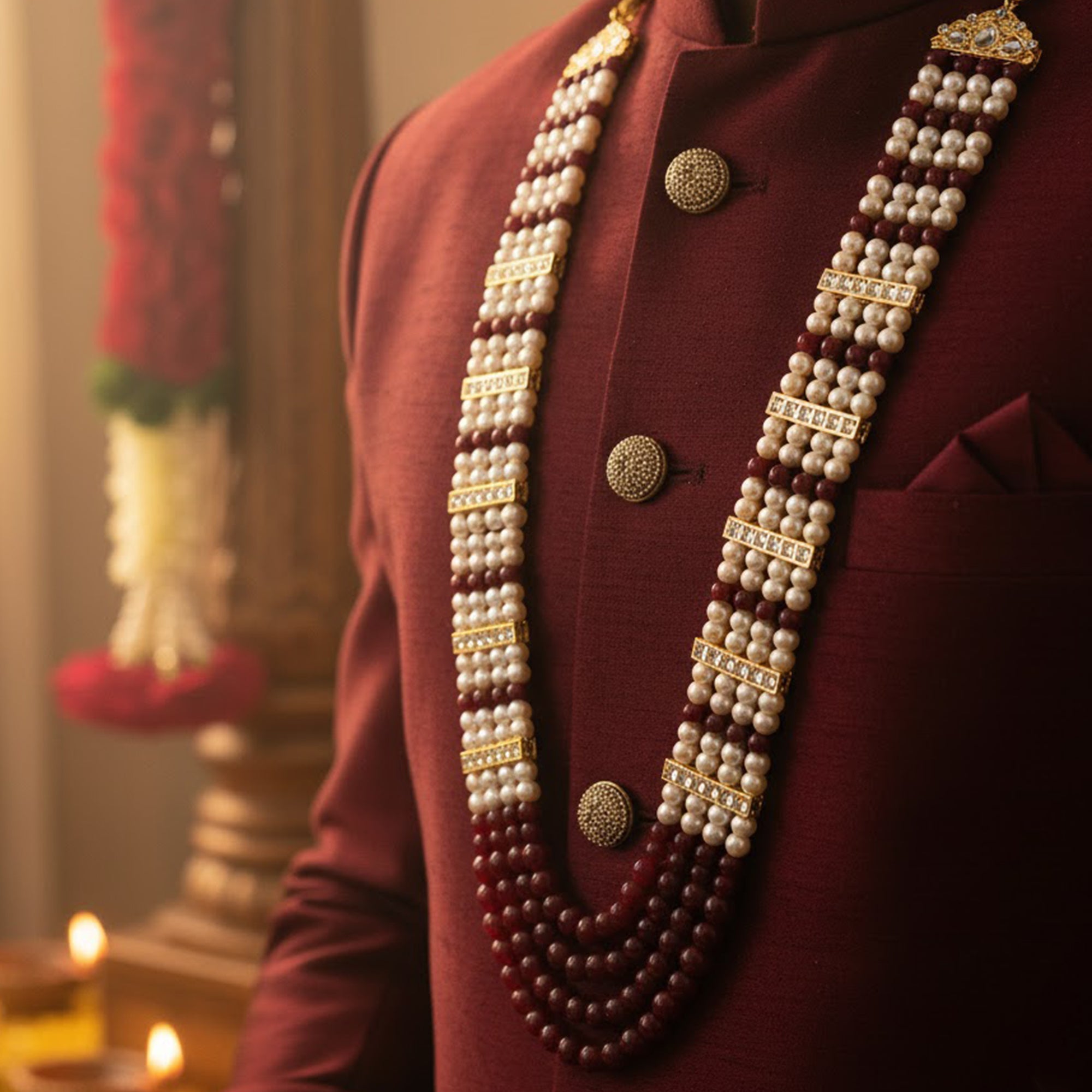 Mahi Multi-Layer Artificial Pearl & Maroon Beads Necklace | Wedding Sherwani Jewellery for Men | Ethnic Dulha Haar for Marriage Ceremony (ML1103875G)