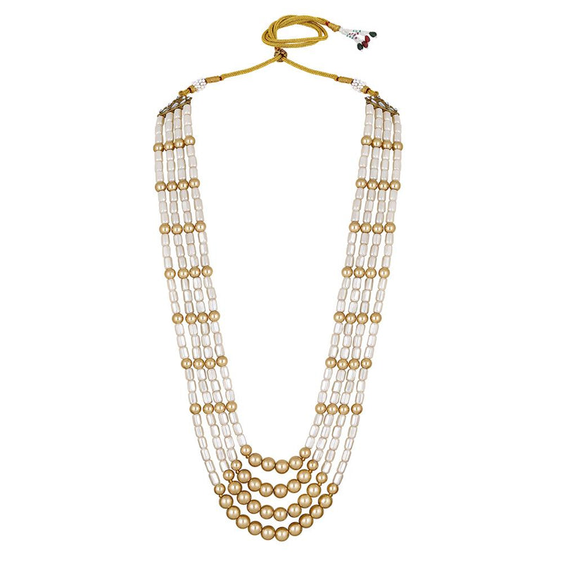 Mahi 4 Layers Golden and White Artificial Beads Base Groom / Dulha Mala Moti Haar Necklace for Men (ML1108107GGol)