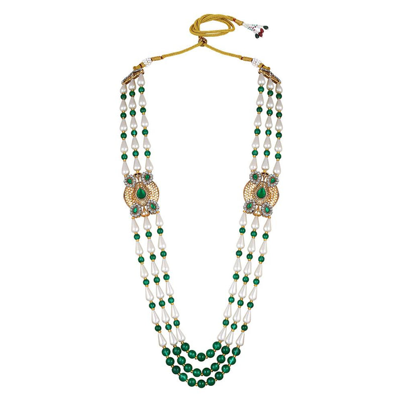 Mahi 3 Layers Green and White Artificial Beads Base Groom / Dulha Mala Moti Haar Necklace for Men (ML1108110GGre)