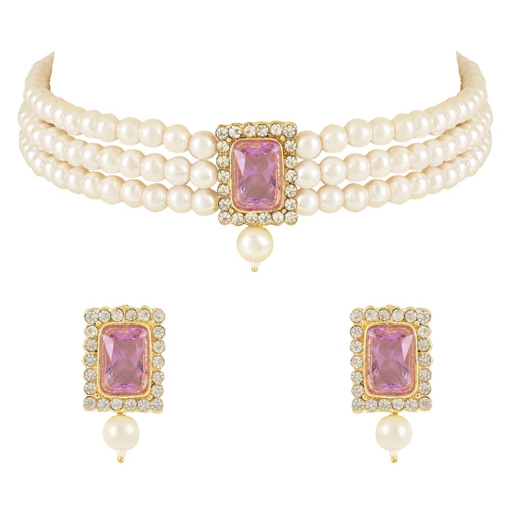 Etnico Gold Plated Pearl Choker Necklace & Earrings Set For Women (ML237Pu)