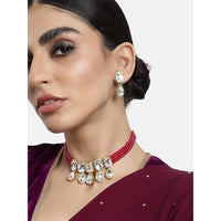 Etnico Gold Plated Pearl Choker Necklace & Earrings Set For Women (ML249Q)