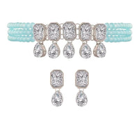 Etnico Silver Plated Traditional Stone Studded Pearl Choker Necklace with Earrings Set For Women (ML249ZSb)
