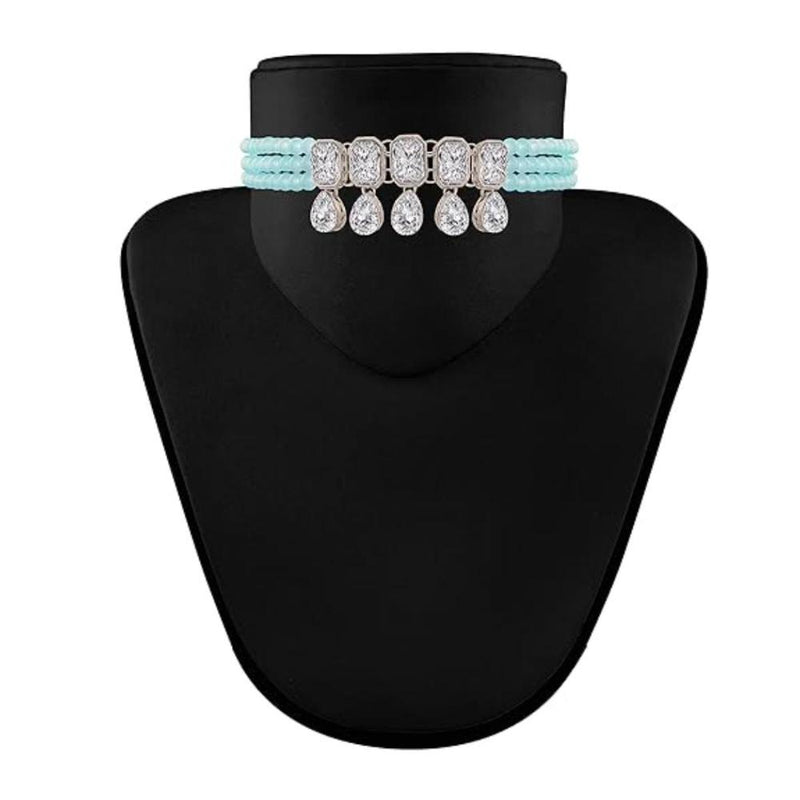 Etnico Silver Plated Traditional Stone Studded Pearl Choker Necklace with Earrings Set For Women (ML249ZSb)