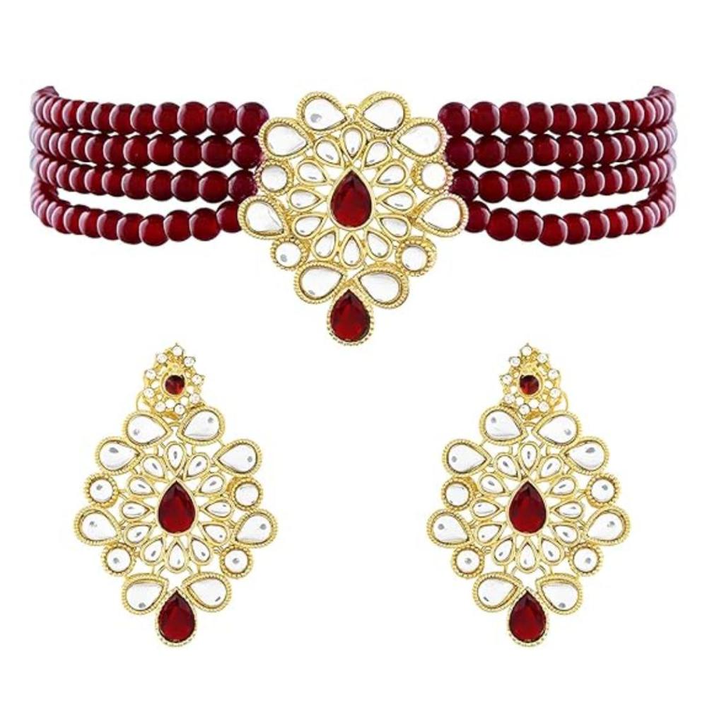 Etnico Gold Plated Kundan & Pearl Choker Necklace & Earrings Set For Women (ML263W)