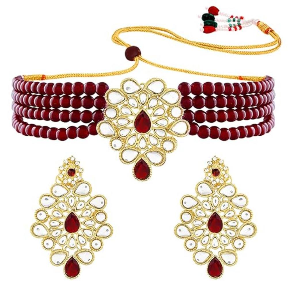 Etnico Gold Plated Kundan & Pearl Choker Necklace & Earrings Set For Women (ML263W)