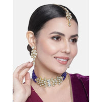 Etnico Gold Plated Pearl Choker Necklace With Earrings & Maang Tikka Set (ML285BL)