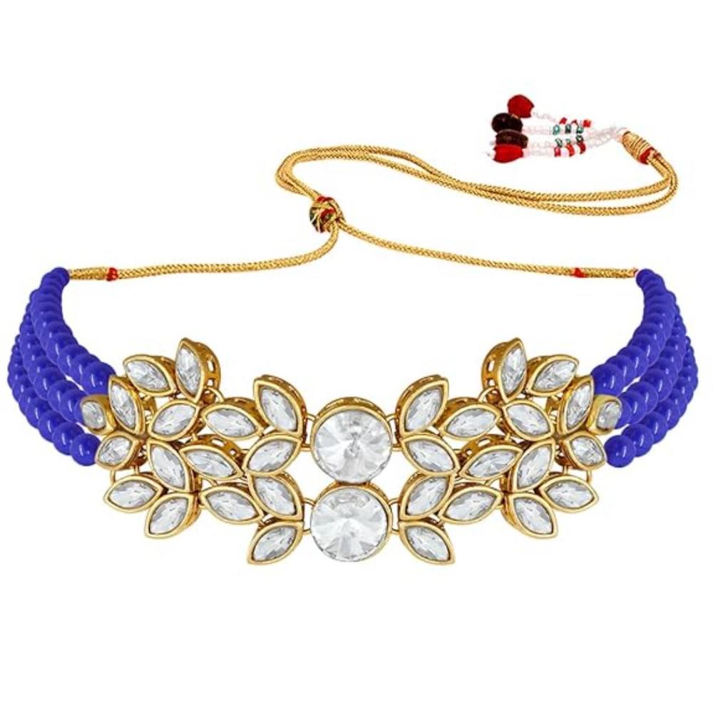 Etnico Gold Plated Pearl Choker Necklace With Earrings & Maang Tikka Set (ML285BL)