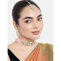 Etnico Gold Plated Pearl Choker Necklace With Earrings & Maang Tikka Set (ML285Pi)