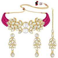 Etnico Gold Plated Pearl Choker Necklace With Earrings & Maang Tikka Set (ML285Q)