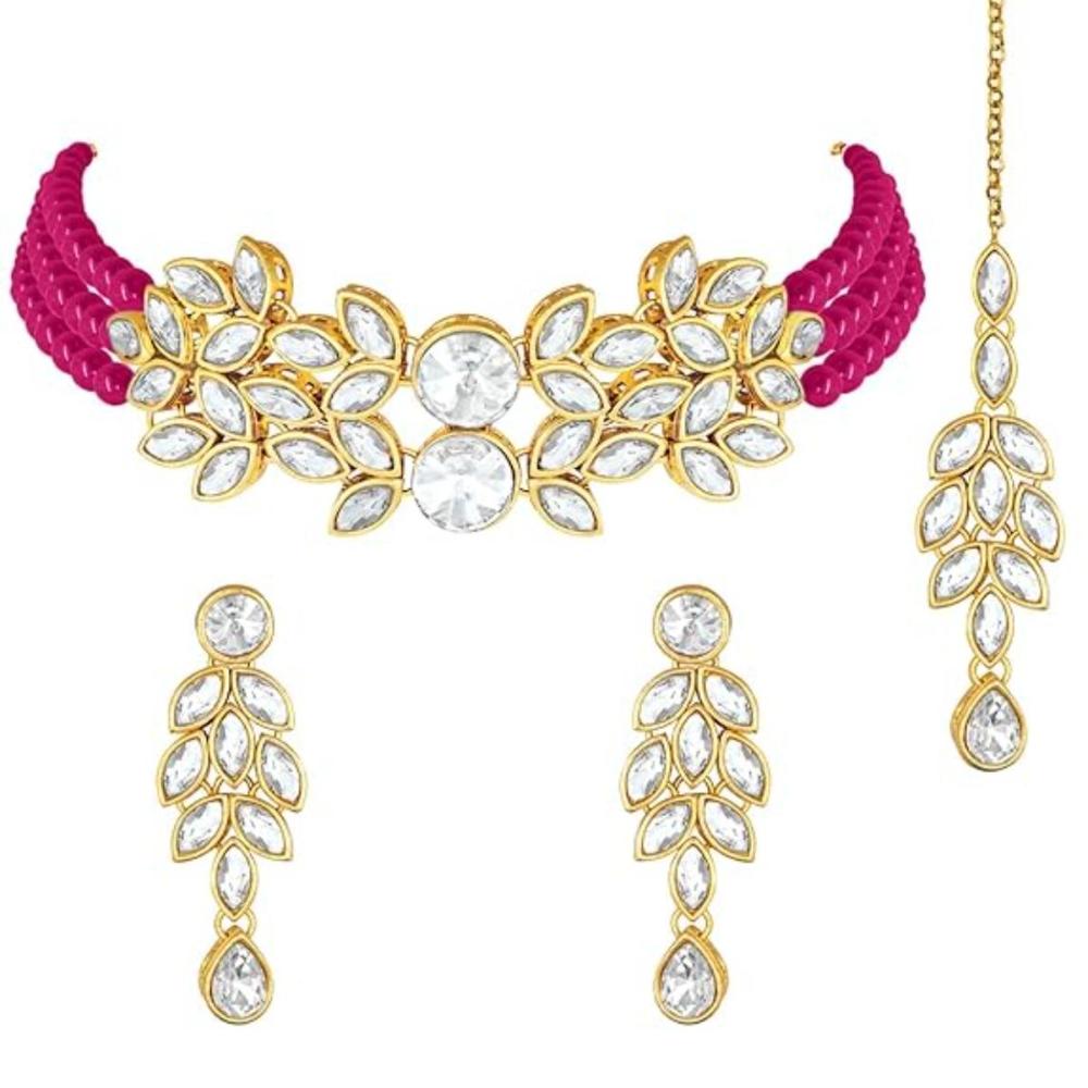 Etnico Gold Plated Pearl Choker Necklace With Earrings & Maang Tikka Set (ML285Q)