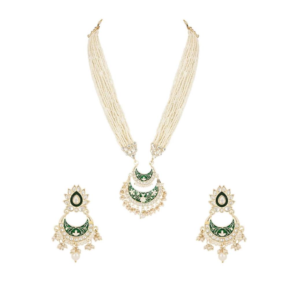 Etnico Gold Plated Meenakari Kundan & Pearl Drop Long Necklace & Earrings Set For Women (ML297G)