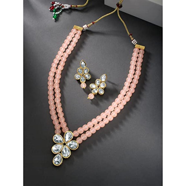 Etnico Gold Plated Traditional Kundan & Pearl Studded Necklace Jewellery Set For Women (ML311) (Peach)