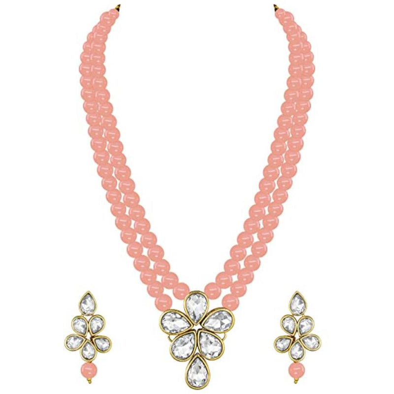 Etnico Gold Plated Traditional Kundan & Pearl Studded Necklace Jewellery Set For Women (ML311) (Peach)
