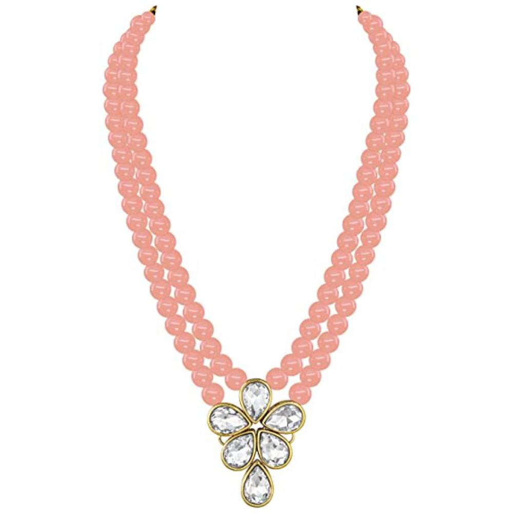 Etnico Gold Plated Traditional Kundan & Pearl Studded Necklace Jewellery Set For Women (ML311) (Peach)