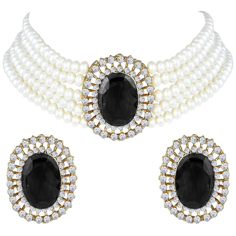 Etnico Gold Plated Traditional Stone Studded Pearl Choker Necklace Jewellery Set For Women/Girls (ML316) (Black)