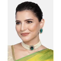 Etnico Gold Plated Traditional Green Stone Studded Pearl Choker Necklace Jewellery Set For Women/Girls (ML316G)