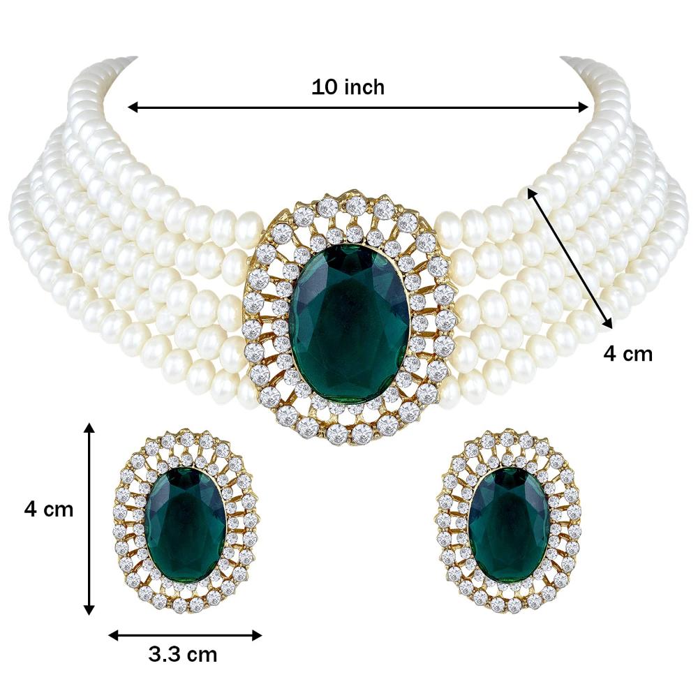 Etnico Gold Plated Traditional Green Stone Studded Pearl Choker Necklace Jewellery Set For Women/Girls (ML316G)