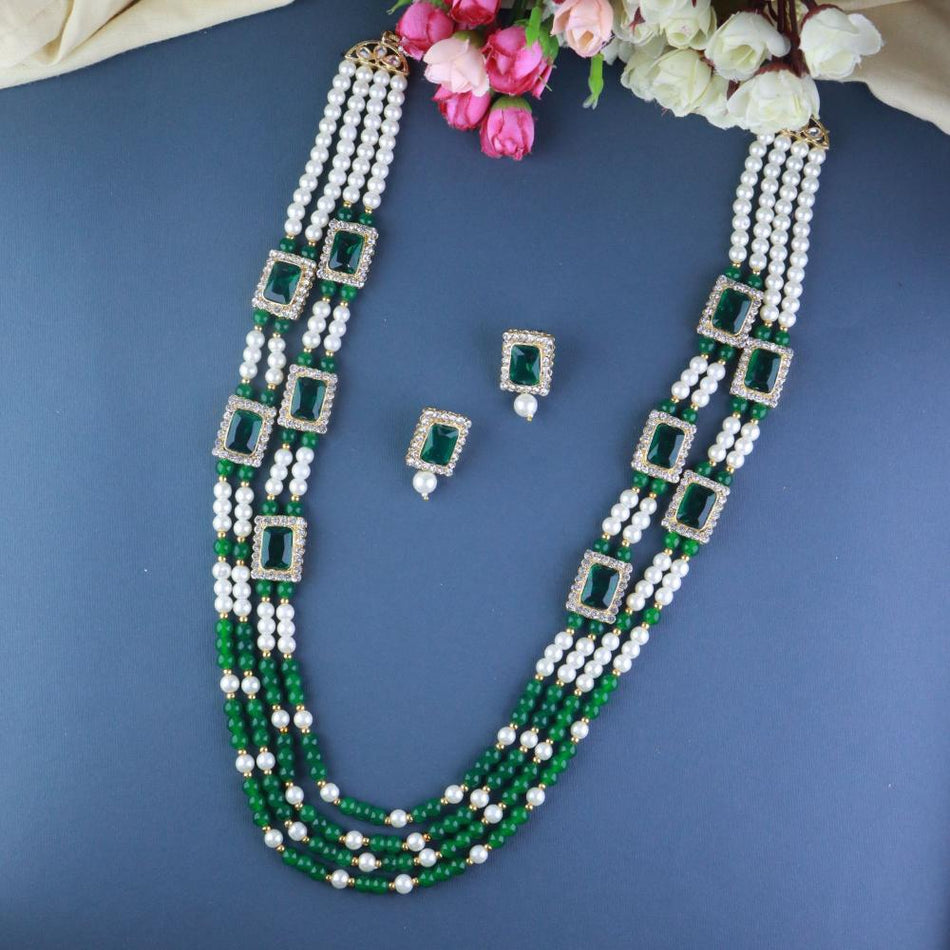 Etnico Gold Plated Traditional Stone Studded Multi Strand Long Pearl N ...