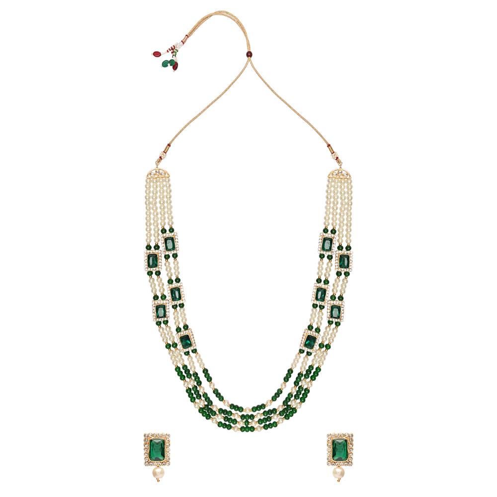 Etnico Gold Plated Traditional Stone Studded Multi Strand Long Pearl Necklace Jewellery With Stud Earrings Set For Women/Girls (Green)