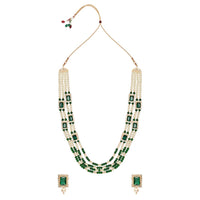 Etnico Gold Plated Traditional Stone Studded Multi Strand Long Pearl Necklace Jewellery With Stud Earrings Set For Women/Girls (Green)