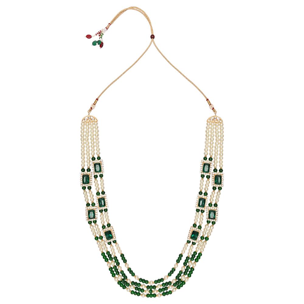 Etnico Gold Plated Traditional Stone Studded Multi Strand Long Pearl Necklace Jewellery With Stud Earrings Set For Women/Girls (Green)