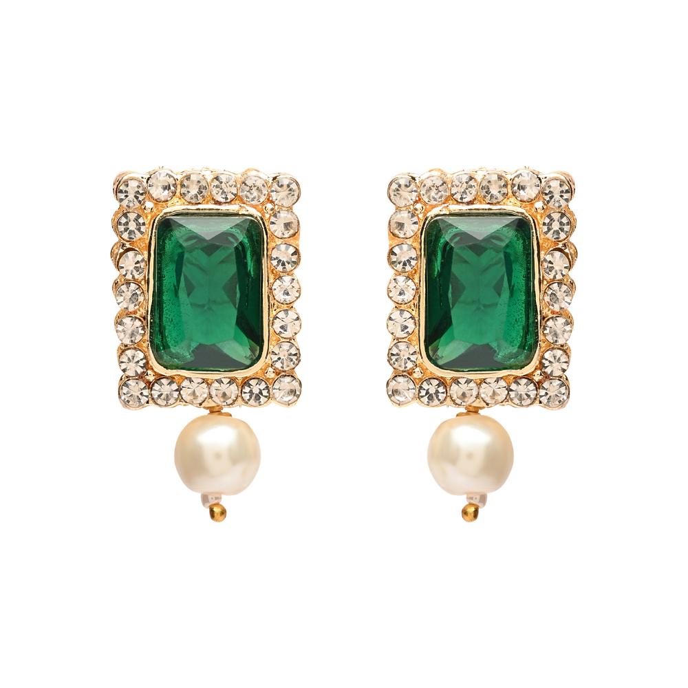 Etnico Gold Plated Traditional Stone Studded Multi Strand Long Pearl Necklace Jewellery With Stud Earrings Set For Women/Girls (Green)
