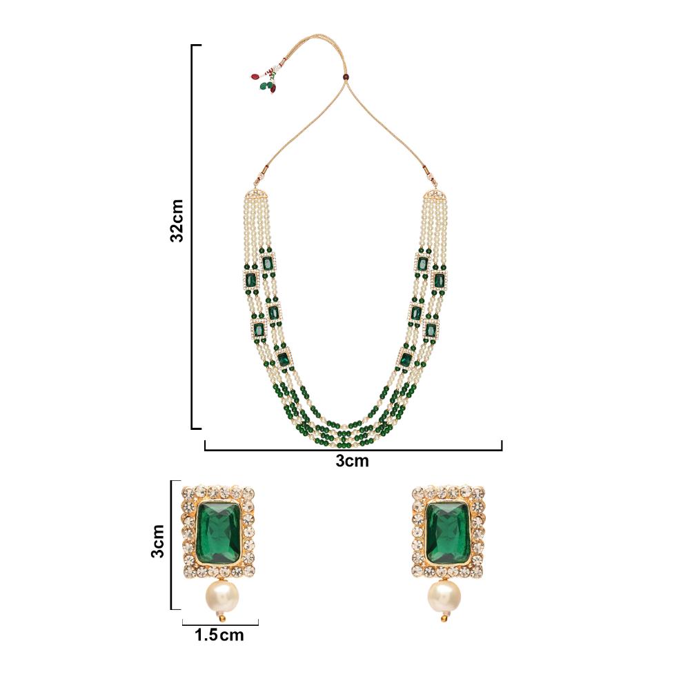 Etnico Gold Plated Traditional Stone Studded Multi Strand Long Pearl Necklace Jewellery With Stud Earrings Set For Women/Girls (Green)
