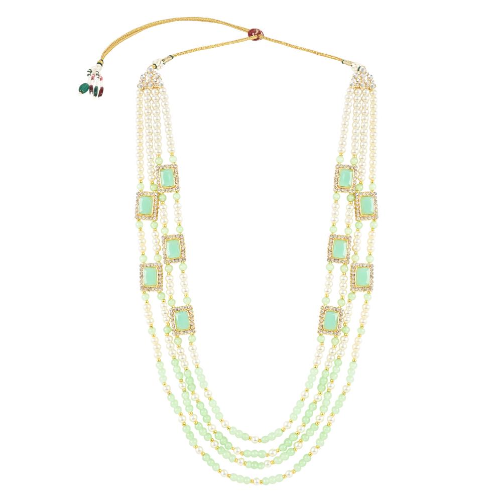 Etnico Gold Plated Traditional Stone Studded Multi Strand Long Pearl Necklace Jewellery With Stud Earrings Set For Women/Girls (ML317Min)