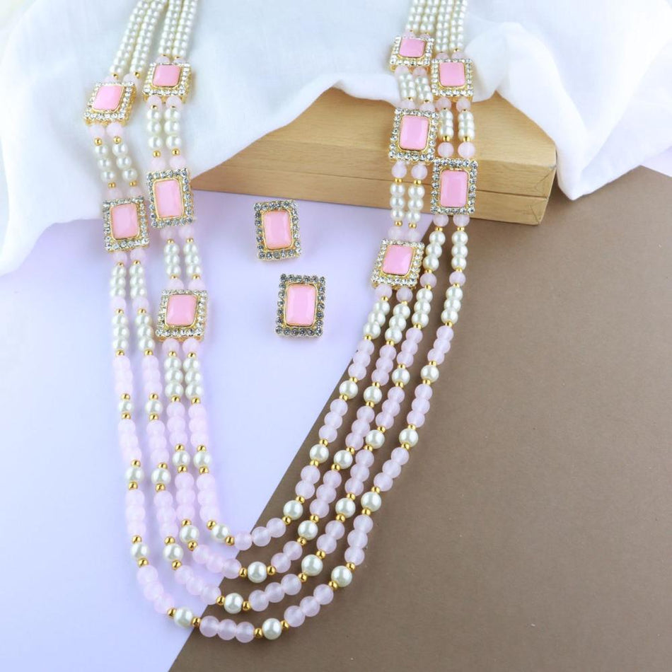 Etnico Gold Plated Traditional Stone Studded Multi Strand Long Pearl N ...