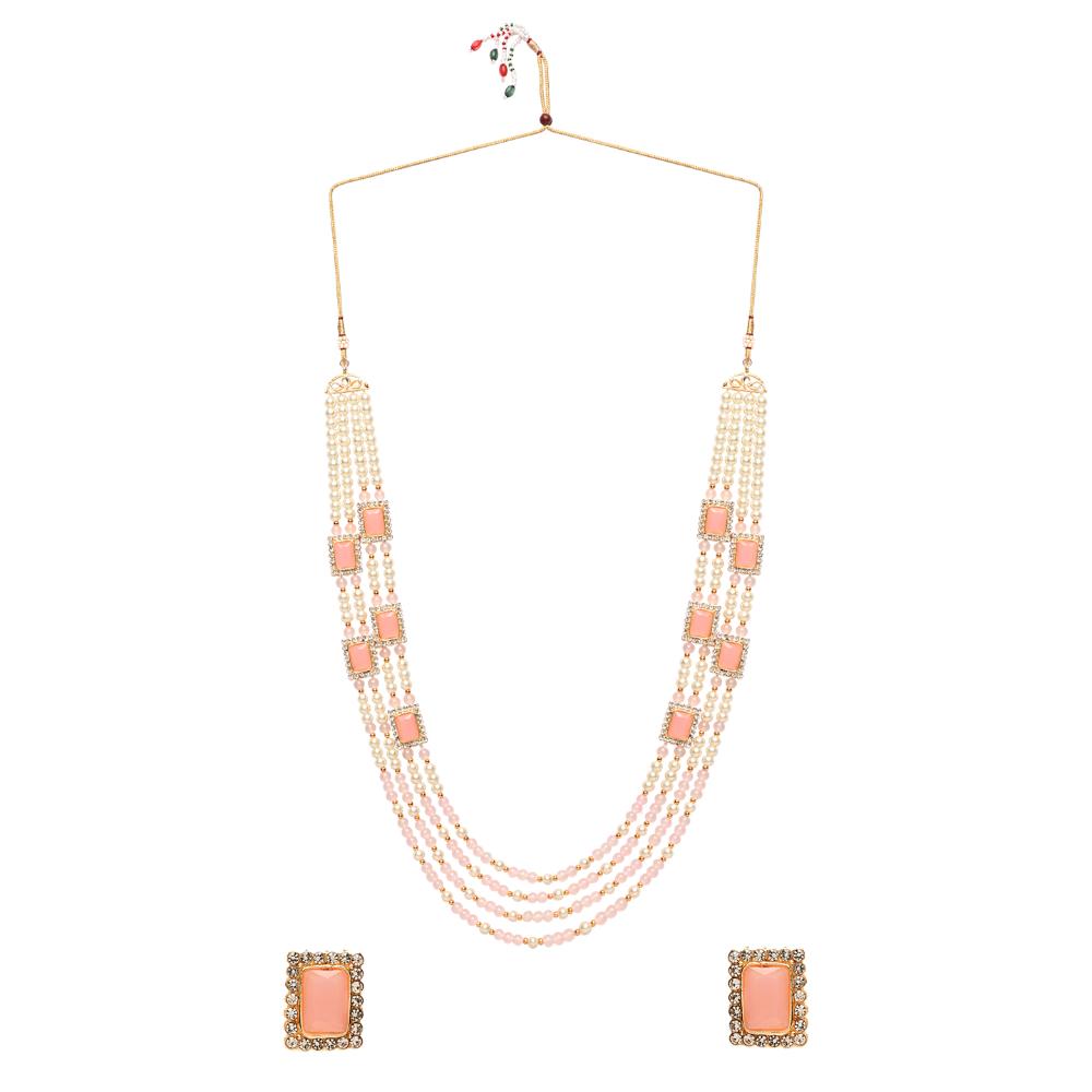 Etnico Gold Plated Traditional Stone Studded Multi Strand Long Pearl Necklace Jewellery With Stud Earrings Set For Women/Girls (Pink)