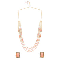 Etnico Gold Plated Traditional Stone Studded Multi Strand Long Pearl Necklace Jewellery With Stud Earrings Set For Women/Girls (Pink)